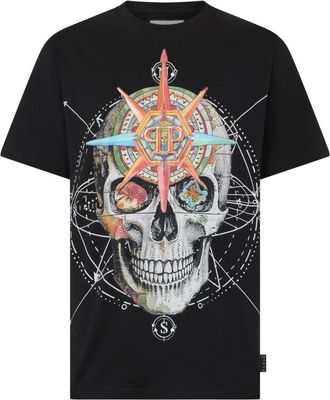 Philipp Plein Tops, Heren, Zwart, 3Xl, Katoen, Round Neck T-Shirt Wind Rose Skull