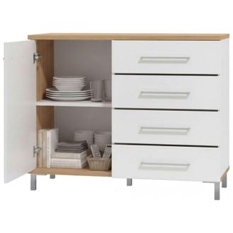 Dmora Credenza Procopio, Madia 4 Cassetti, un Ripiano, Apertura Battente e Scorrevole, 108x40x87h cm Bianco Rovere Nodi