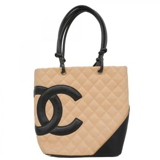Chanel Beige Black Leather Tote Bag (Pre-Owned)