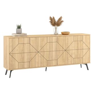Dmora Aparador Earl, Mueble 4 Estantes, 8 Compartimentos, 4 Puertas, 184x35x77h Cm Roble Marr&oacute;n