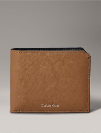 Calvin Klein Mens Saffiano Leather Card Case Bifold Wallet - Brown