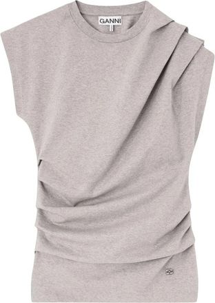 Ganni T-shirt met zware stretchkatoen en draperie - Dames - T-shirts - Grijs - S - Katoen - Tops