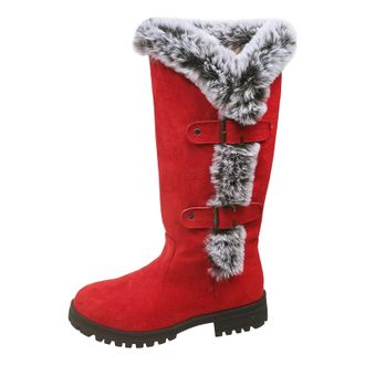 Generic Fleece Lined Knee High Boots Women Low Chunky Heel Round Toe Faux Suede Leather Booties Pull On Snow Booties With Buckle Comfort Fashion Walking Shoes