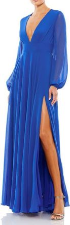 Mac Duggal V-Neck Illusion Long Sleeve Chiffon Gown in Royal Blue at Nordstrom, Size 12