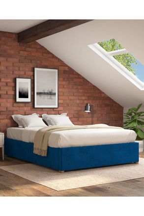 Aspire Home Accents Upholstered Platform Ottoman Bed Frame in Plush Velvet Fabric in Navy | Size: Super King