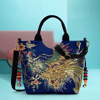 Generic Ethnic Style Women Shoulder Bag Peafowl Embroidery Canvas Crossbody Bag Retro Ladies Beads Pendant Large Capacity Handbags (Blue)