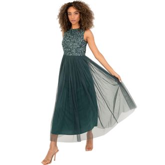 Maya Midaxi Dress Women Ladies Sleeveless Sequins High Empire Waist Tulle Embellished for Wedding Guest Ball Dress for Bridesmaid Woman, Emerald Green, 10