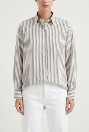 Brunello Cucinelli Beige Striped Silk Shirt, Size XXL