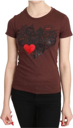 Exte Brown Hearts Print Short Sleeve Top