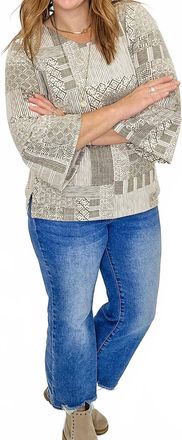 Multiples Long Sleeve Print Blouse In Olive, Brown & Cream