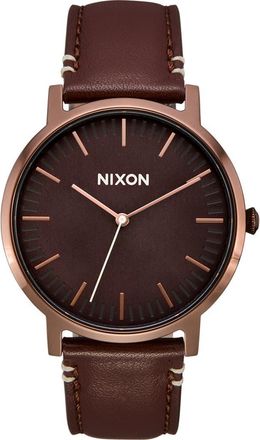 Nixon Porter Round Leather Strap Watch, 40mm in Chocolate /Dark Roast /Brown at Nordstrom