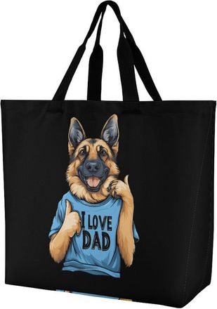 Generic German Shepherd I Love Dad Reusable Shopping Bags One Shoulder Grocery Tote Bag Waterproof Big Purse for Work Travel