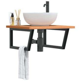Berkfield Home Basin Shelf Wall Mounted Steel & Solid Wood Beech in Brown