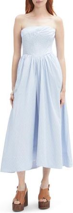 Bardot Lola Stripe Strapless Corset Midi Dress in Blue Stripe at Nordstrom, Size 6