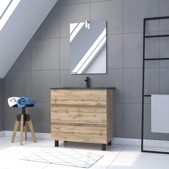 Aurlane Aurlane - Mueble De Ba&ntilde;o 80cm Con Pies Acabado Roble - Cajones - Lavabo Negro + Espejo Led - Timber 80- Pack43