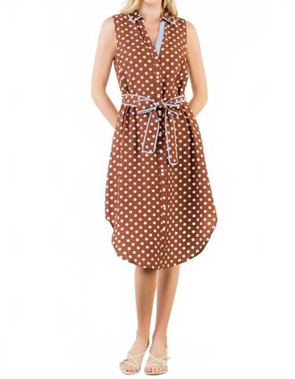 THML Clothing Sleeveless Polka Dot Button Down Dress In Brown