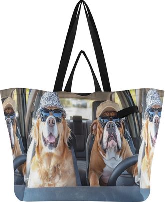 Generic Yellow Dog Driving Car pattern Reusable Canvas Tote Bag, Heavy Duty Grocery Shopping Bag with Hard Bottom Large Capacity Double Handles Work Groceries