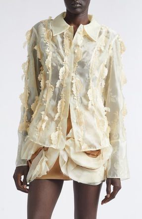 Kim Shui Quiyona Lace Trim Sheer Silk Shirt in Beige at Nordstrom, Size X-Small