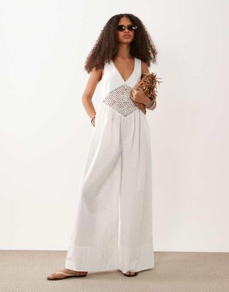 Asos Tuta jumpsuit bianca con pannello alluncinetto in vita-Bianco