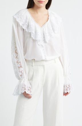 Kobi Halperin Arielle Lace Trim Ruffle Pullover Top in White at Nordstrom, Size X-Small