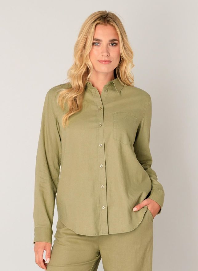 Hemdbluse BASE LEVEL Yael, Damen, Gr. 36, soft army, Single Jersey, Obermaterial: 55% Leinen, 45% Viskose, regular fit normal, Blusen Hemdbluse