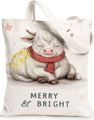 Generic Bright & Joyous Canvas Tote Bags, Adorable Cow Design Lightweight Washable Reusable Grocery Bags for Holiday Shopping, Wint, White, 13x15 Inch
