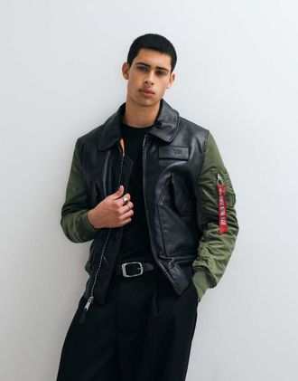 Alpha Industries giacca bomber in pelle sintetica con maniche a contrasto multicolore