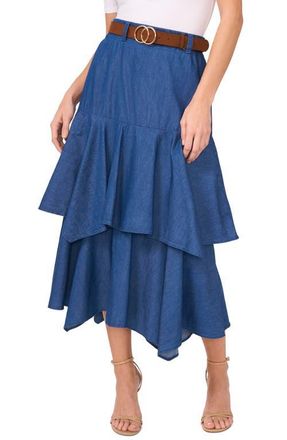 CeCe by Cynthia Steffe Tiered Denim Midi Skirt with Brown Golden Buckle Belt in Mid Indigo at Nordstrom, Size 14