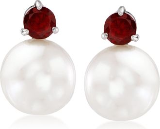 Ross-Simons 11-12mm Cultured Pearl and Garnet Earrings in Sterling Silver