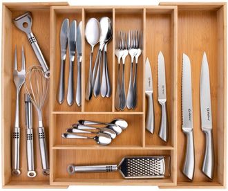 Alpina Portaposate da Cassetto - Organizer Casetti Cucina Estensibile 46 x 34-56,5 x 6 cm - Organizzatore Cassetti con 6 a 8 Scomparti - Per Utensili da