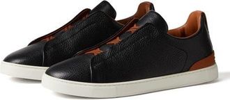 Ermenegildo Zegna Triple Stitch Deerskin Leather Slip-On Sneaker in Black/foliage at Nordstrom, Size 10.5Us