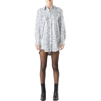 Grey Lab Sequin Long Sleeve Mini Shirtdress in Silver at Nordstrom, Size Medium