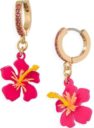 Leith Hibiscus Drop Huggie Hoop Earrings in Pink Multi- Gold at Nordstrom Rack