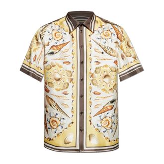 Dolce & Gabbana Zijden shirt met schelpmotief - Heren - Korte mouwen Overhemden - Beige - XL - Leer - Overhemden