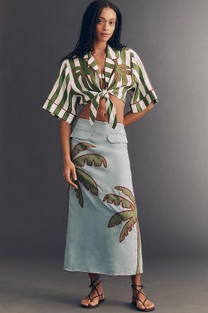 Farm Rio Embroidered Palm Linen Midi Skirt