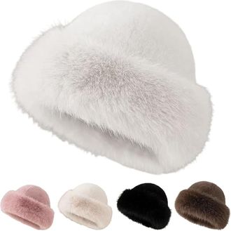 Generic Womens Winter Faux Fur Bucket Hat, Fluffy Furry Warm Hat, Soft Plush Fisherman Cap for Cold Weather (White)