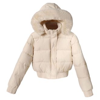Generic Cropped Puffer Jacket with Hood Women Short Puffer Bomber Jacket Faux Fur Hood Fleece Lined Winter Coat White Medium