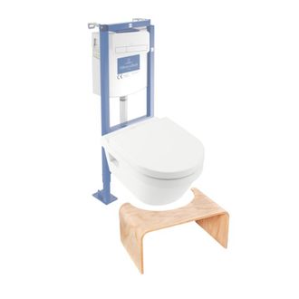 Villeroy & Boch Pack Inodoro Suspendido Villeroy Et Boch Architectura 37x53 Sin Reborde + Asiento + Placa Blanca + Estructura + Taburete De Madera