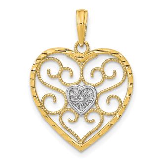 Diamond2Deal 14k Yellow Gold and White Rhodium Filigree Beaded Heart Charm Pendant