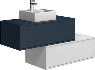 Vente-Unique Mueble de baño flotante azul noche y blanco con lavabo y dos cajones - TEANA II