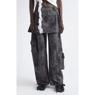 Collina Strada Lawn Plaid Skirt Overlay Cargo Pants in Black Floral Scribble at Nordstrom, Size X-Small