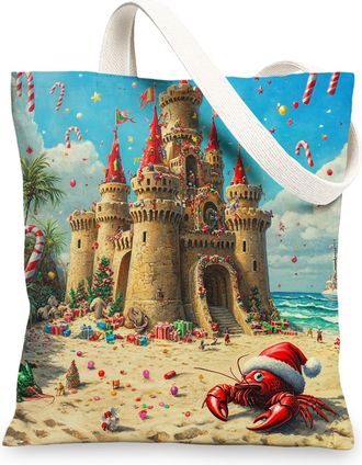 Generic Beach Christmas Crawfish Canvas Tote Bag for Shopping 13x15, Fun Sand Castle Xmas Coastal Reusable Grocery Print Pattern Bag for Women Men, Holiday Be