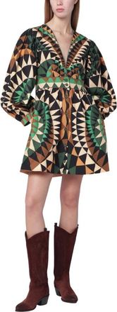 Farm Rio Heart Deco Puff Sleeve Mini Dress - Dames - Korte kleedjes - Veelkleurig - S - Katoen - Kleedjes