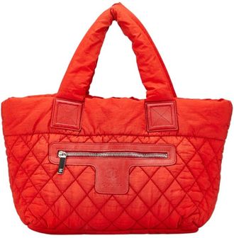 Chanel Red Color Nylon Handbag Tote Bag (Pre-Owned)
