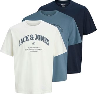 Jack & Jones T-Shirt JACK & JONES JJEDENVER GRAPHIC TEE SS O-NECK 3PK MP, Herren, Gr. XXL, navy blazer pack:navy blazer, cloud dancer, blau mirage, Jersey, Obermat