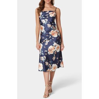 Bebe Printed Satin Bias Midi Dress in Navy/Cream at Nordstrom Rack, Size X-Large