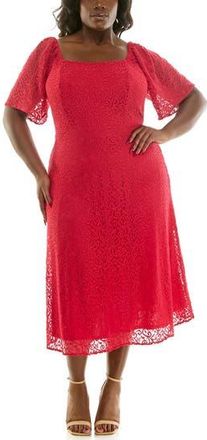 Nina Leonard Lace Flutter Sleeve Midi Dress in Cherry at Nordstrom Rack, Size 1X