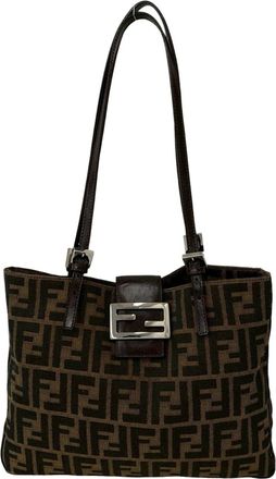 Fendi Black Brown Canvas Leather Shoulder Bag Tote Bag (Pre-Owned)