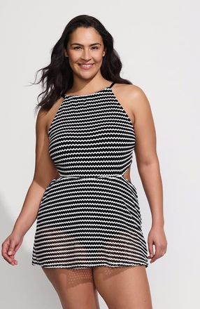 Lands End Plus Size Crochet Monokini Swim Dress Swimsuit in Black/white at Nordstrom, Size 20W