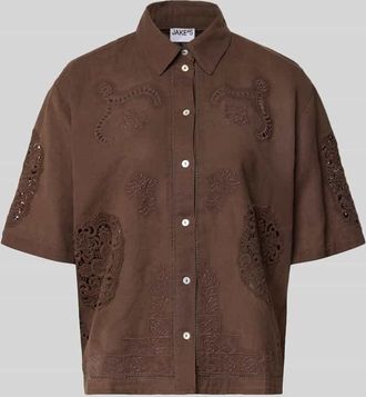 Jake*s Casual Bluse aus Leinen-Baumwoll-Mix mit Motiv-Stitching in Dunkelbraun, Gr&ouml;&szlig;e 34